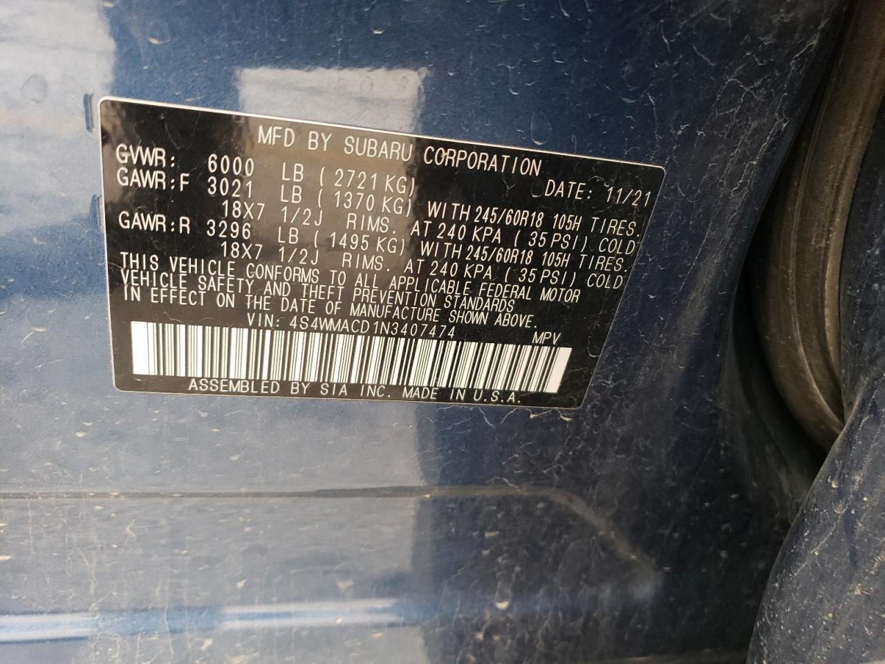 2022 SUBARU ASCENT PREMIUM VIN:4S4WMACD1N3407474