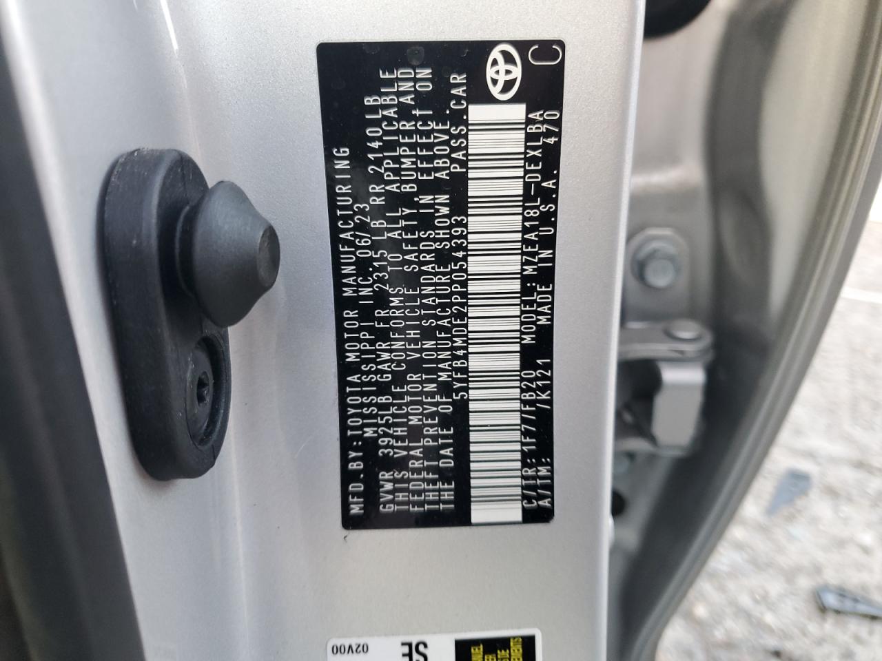 2023 TOYOTA COROLLA LE VIN:5YFB4MDE2PP054393