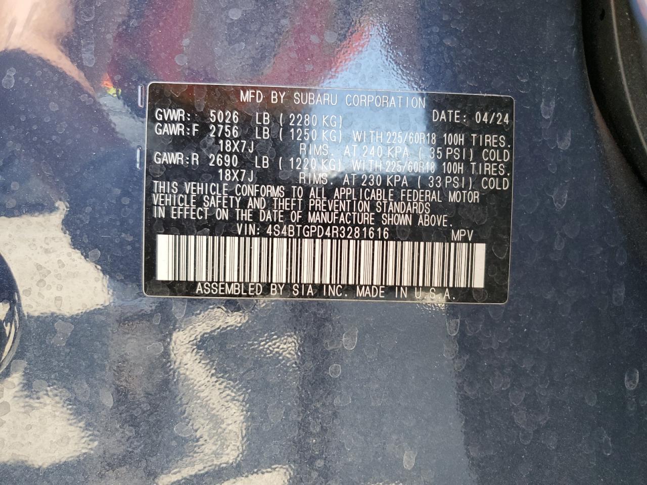 2024 SUBARU OUTBACK TOURING VIN:4S4BTGPD4R3281616