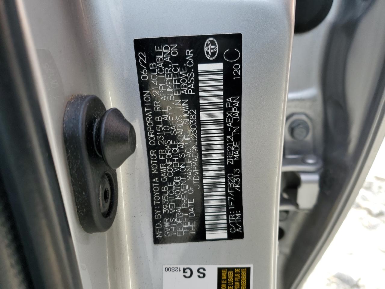 2022 TOYOTA COROLLA LE VIN:JTDVPMAE9NJ230382