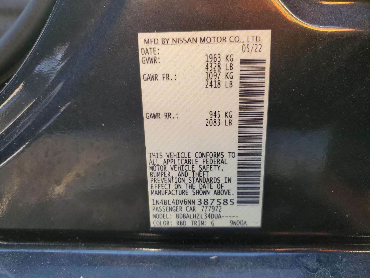 2022 NISSAN ALTIMA SV VIN:1N4BL4DV6NN387585