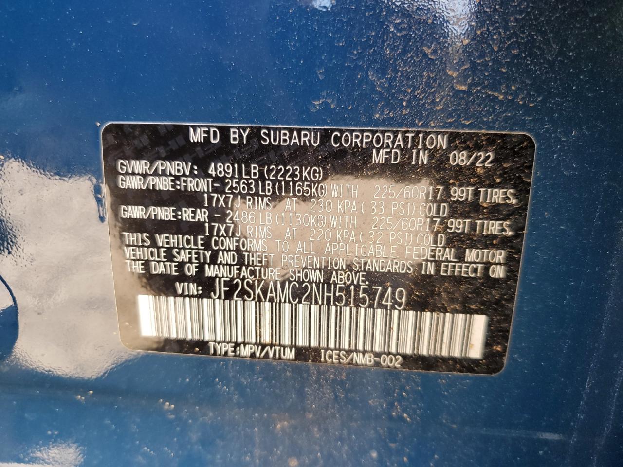 2022 SUBARU FORESTER WILDERNESS VIN:JF2SKAMC2NH515749