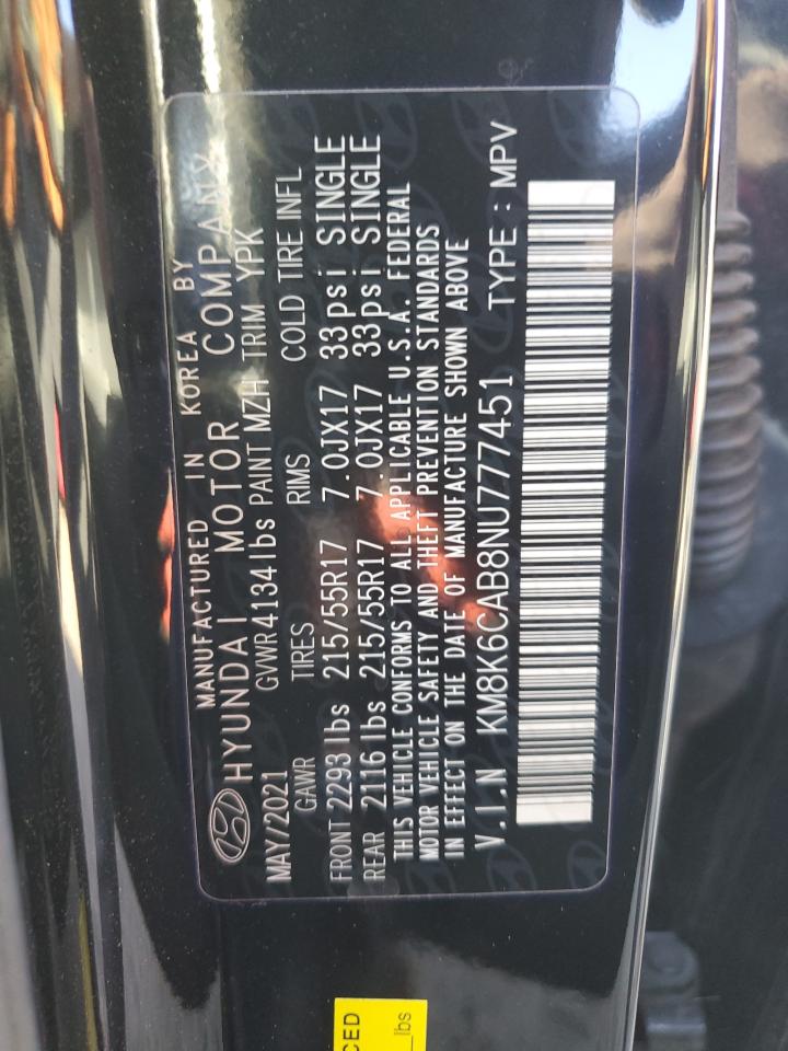 2022 HYUNDAI KONA SEL VIN:KM8K6CAB8NU777451
