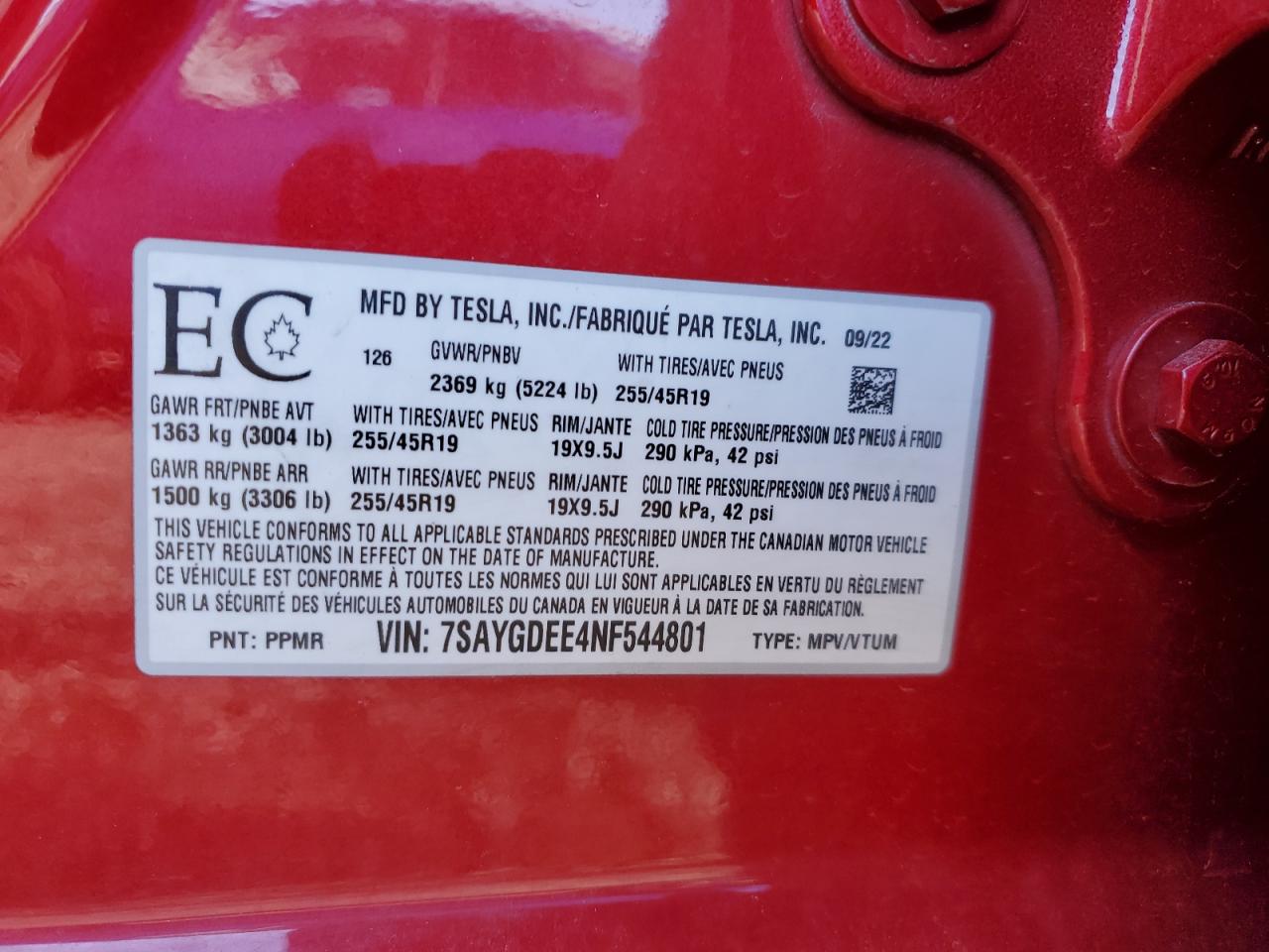 2022 TESLA MODEL Y  VIN:7SAYGDEE4NF544801