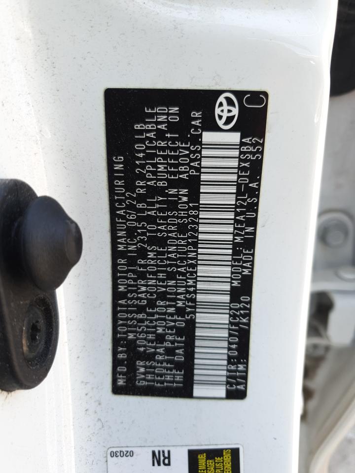 2022 TOYOTA COROLLA SE VIN:5YFS4MCEXNP123281