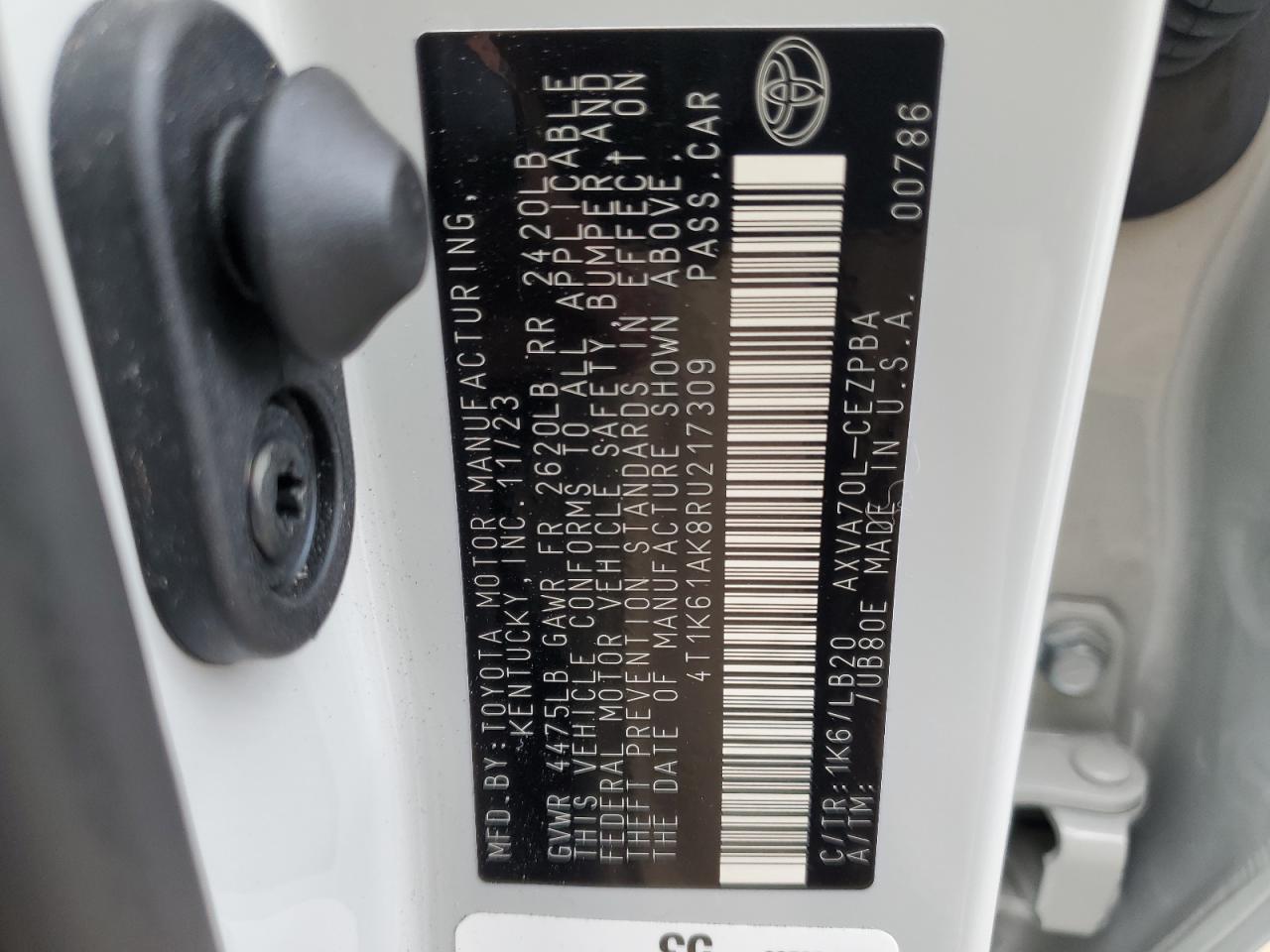 2024 TOYOTA CAMRY XSE VIN:4T1K61AK8RU217309