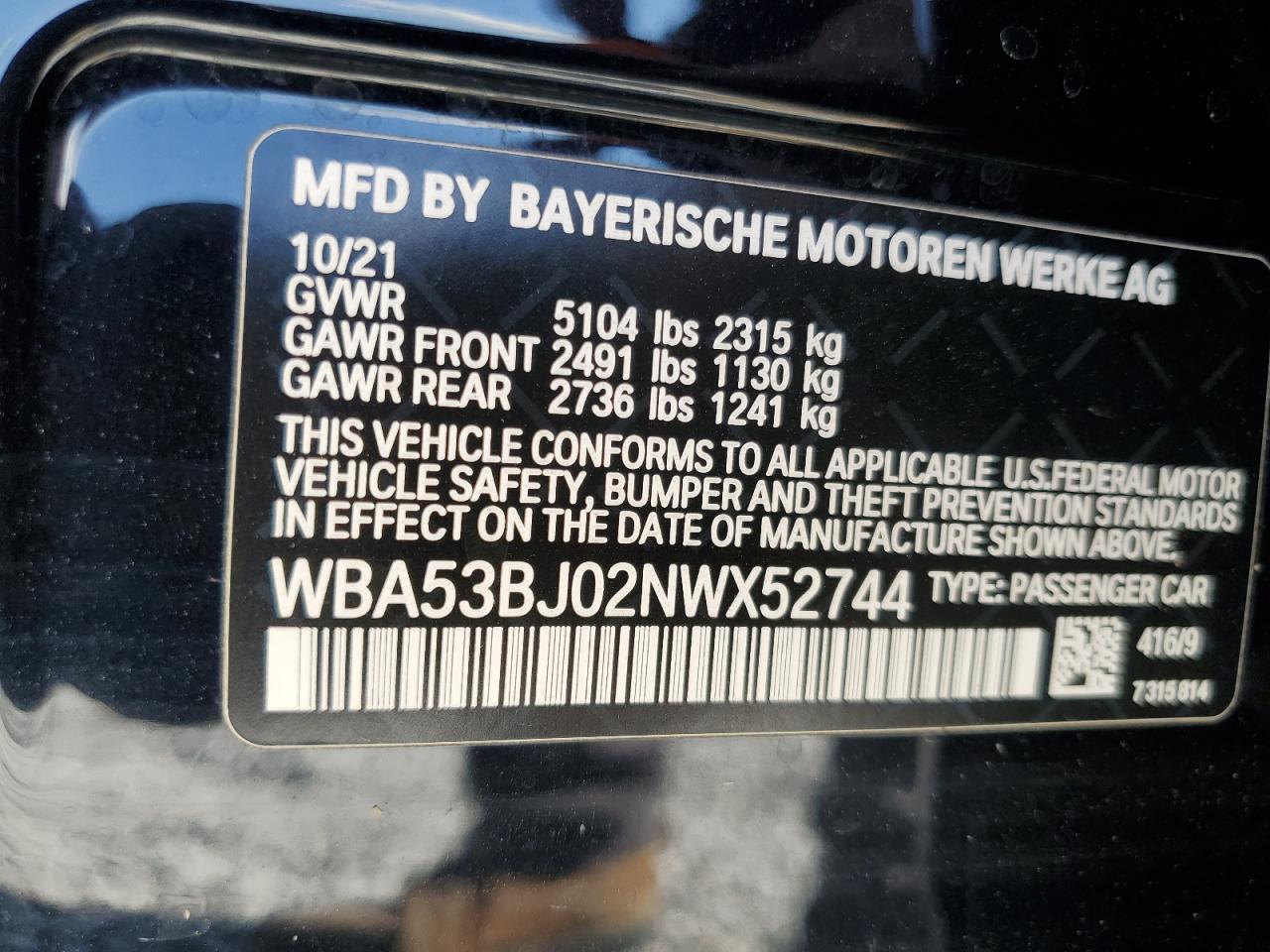 2022 BMW 540 I VIN:WBA53BJ02NWX52744