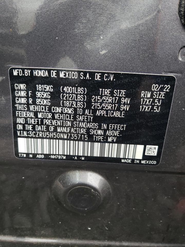 2022 HONDA HR-V EX VIN:3CZRU5H50NM735715