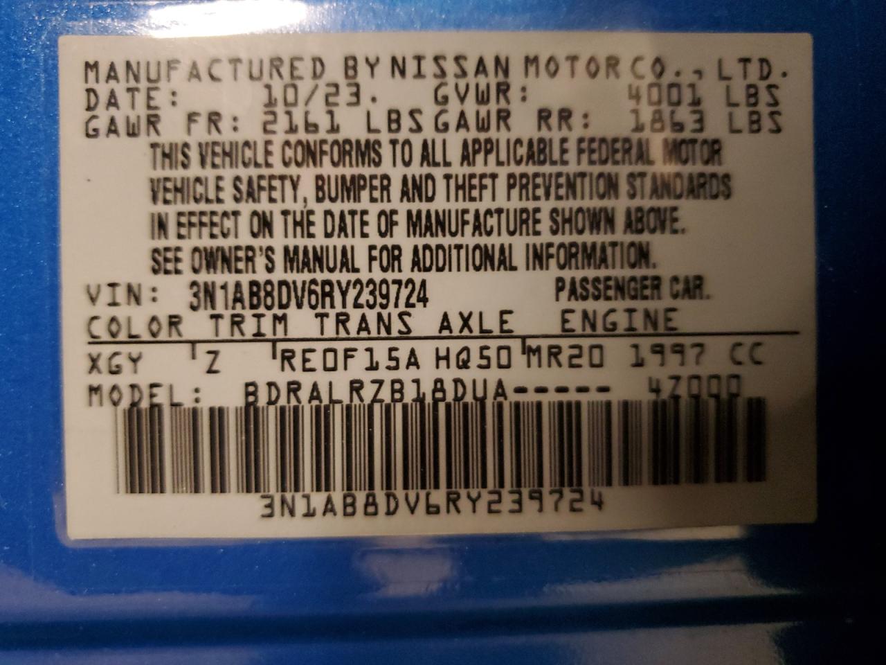 2024 NISSAN SENTRA SR VIN:3N1AB8DV6RY239724