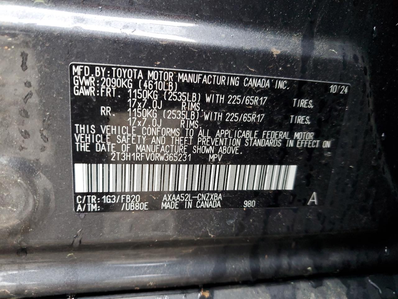 2024 TOYOTA RAV4 LE VIN:2T3H1RFV0RW365231