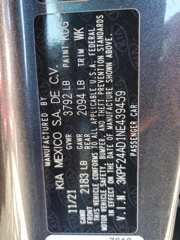 2022 KIA FORTE FE VIN:3KPF24AD1NE439459