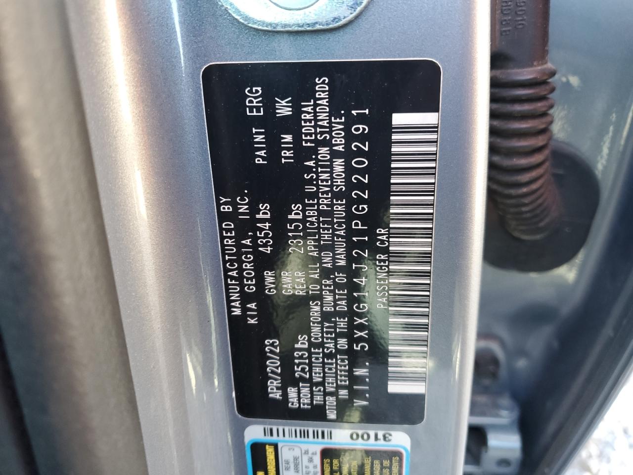 2023 KIA K5 LXS VIN:5XXG14J21PG220291