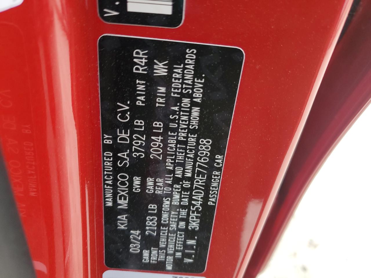 2024 KIA FORTE GT LINE VIN:3KPF54AD7RE776988