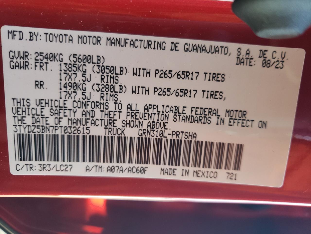 2023 TOYOTA TACOMA DOUBLE CAB VIN:3TYDZ5BN7PT032615