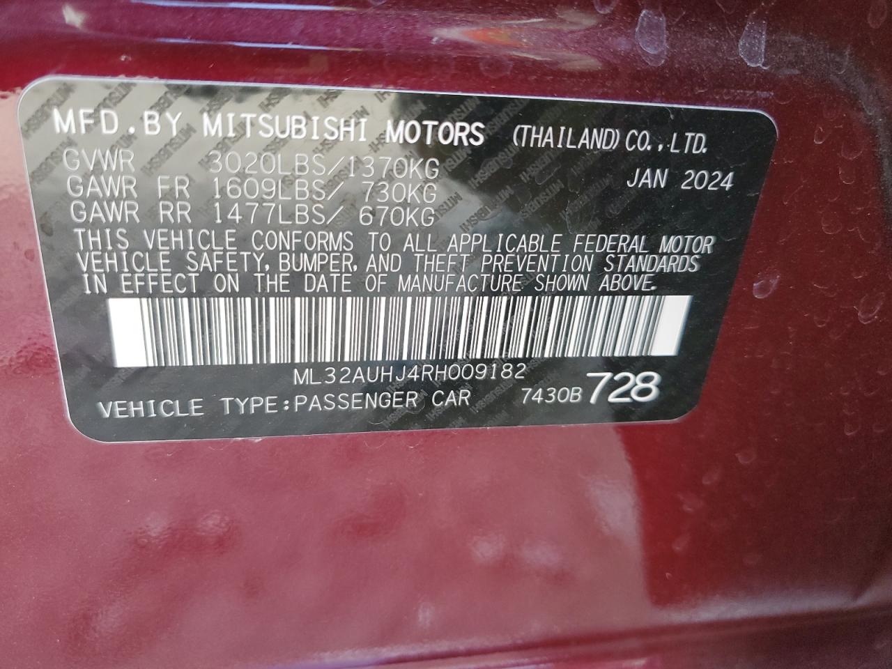 2024 MITSUBISHI MIRAGE ES VIN:ML32AUHJ4RH009182