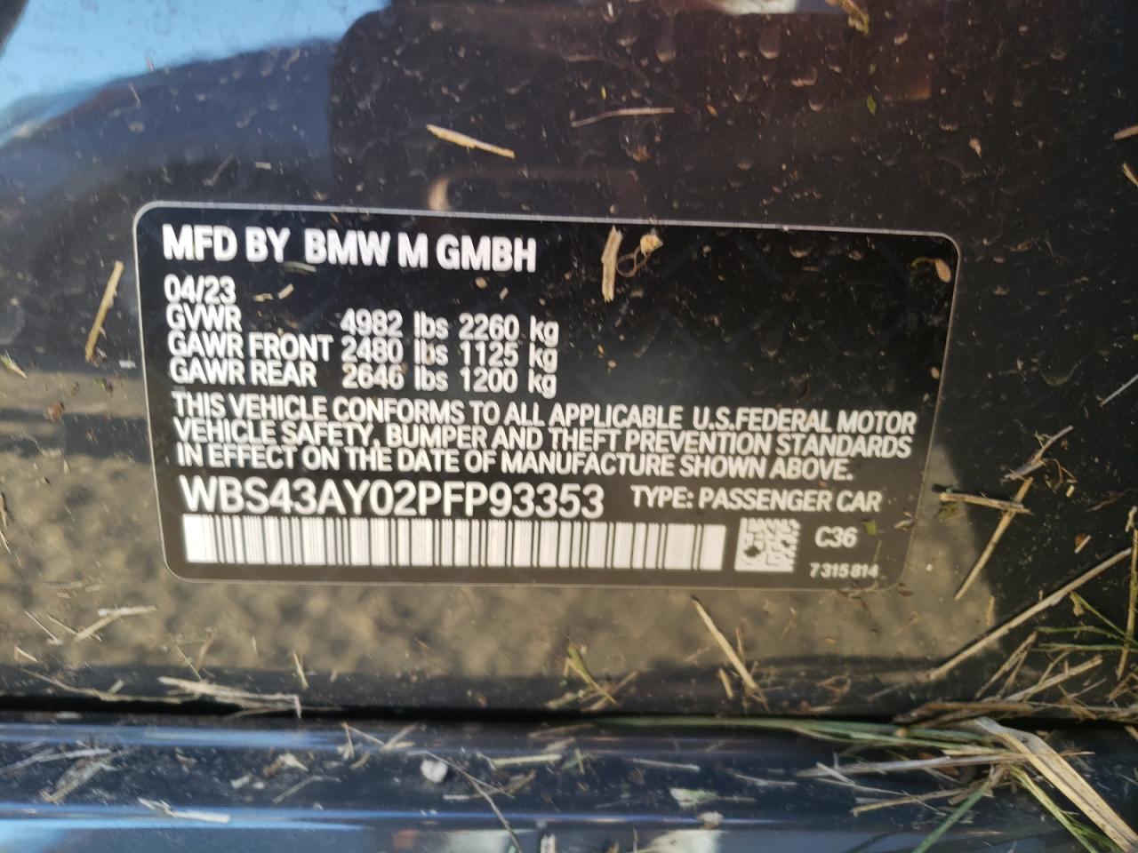 2023 BMW M3 COMPETITION VIN:WBS43AY02PFP93353