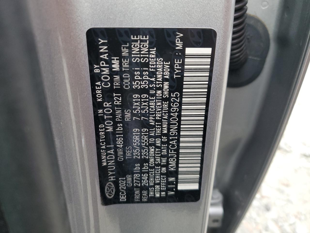 2022 HYUNDAI TUCSON SEL CONVENIENCE VIN:KM8JFCA19NU049625