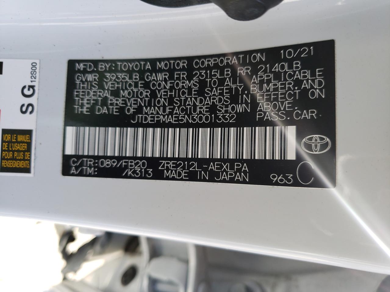 2022 TOYOTA COROLLA LE VIN:JTDEPMAE5N3001332