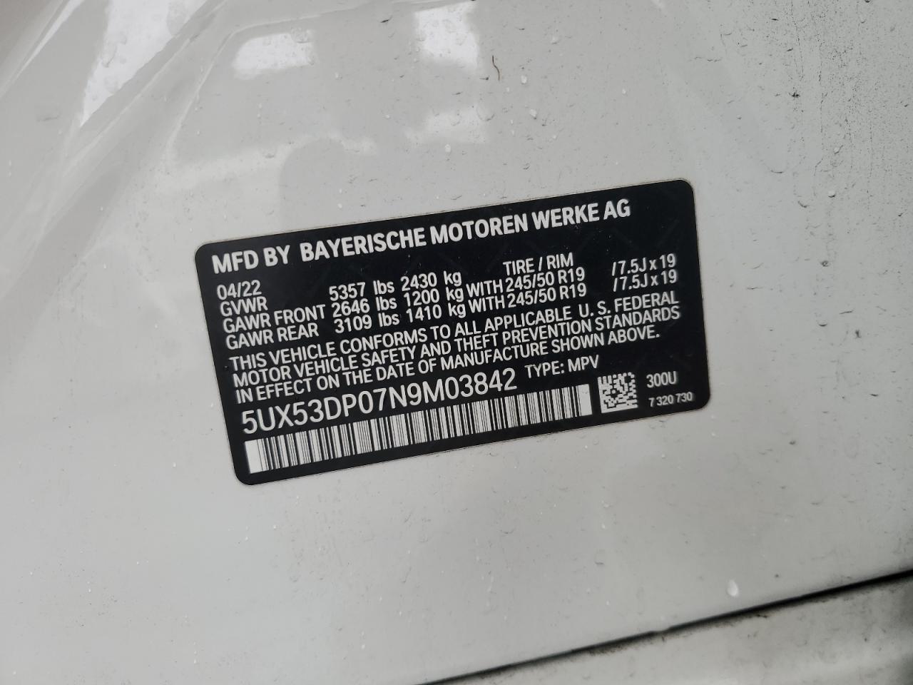 2022 BMW X3 XDRIVE30I VIN:5UX53DP07N9M03842