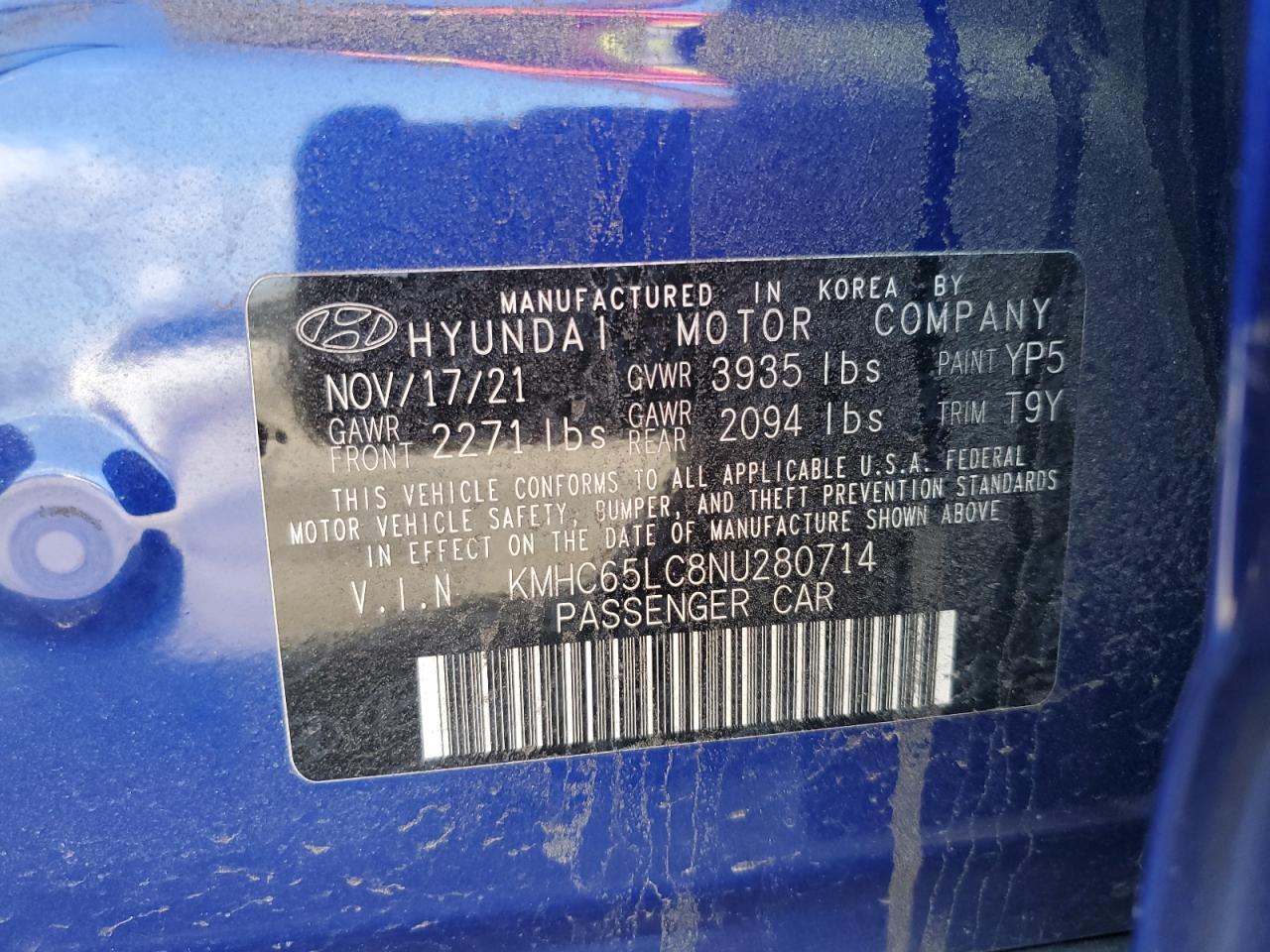 2022 HYUNDAI IONIQ BLUE VIN:KMHC65LC8NU280714