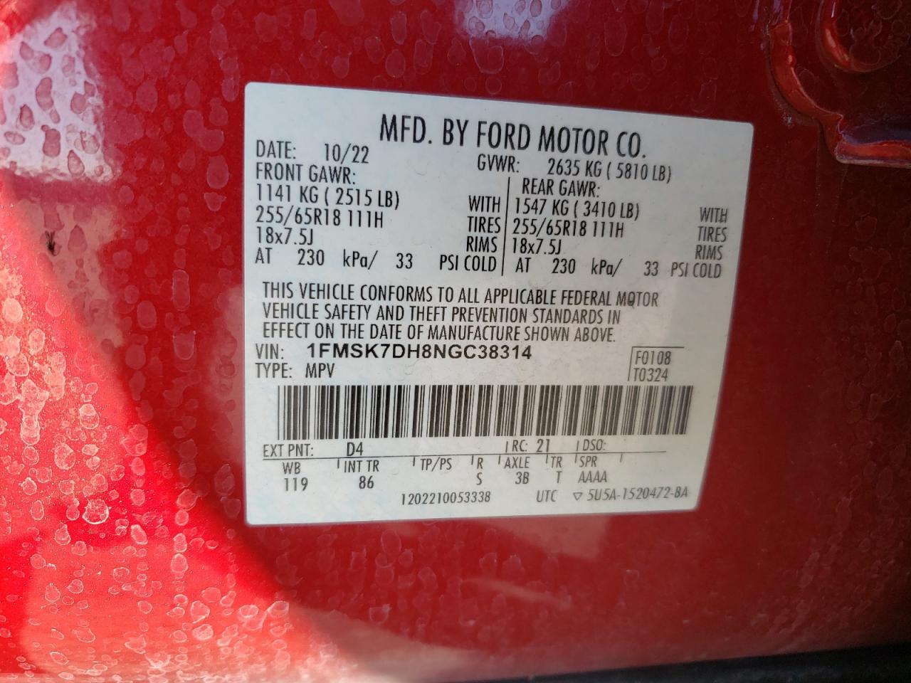 2022 FORD EXPLORER XLT VIN:1FMSK7DH8NGC38314