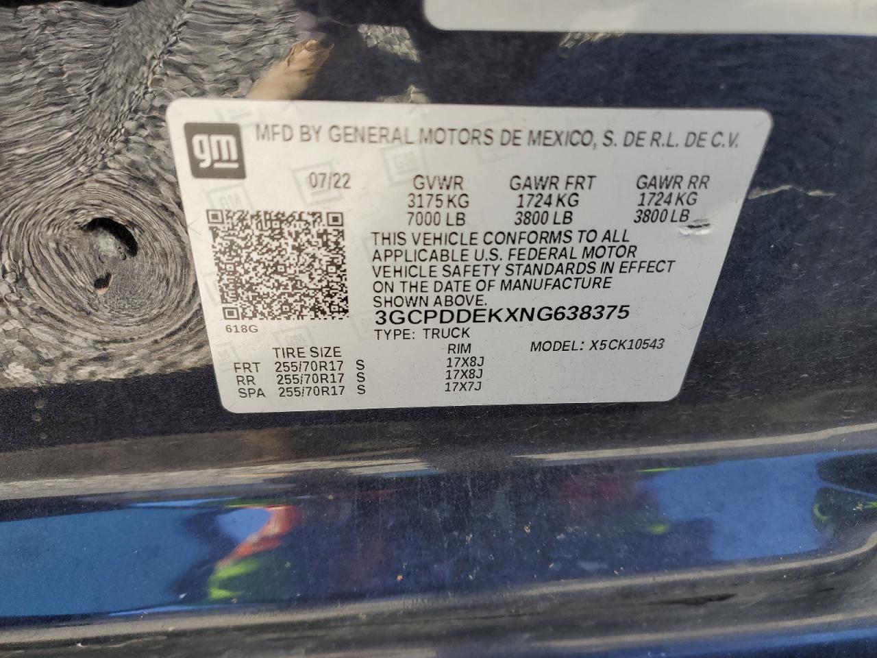 2022 CHEVROLET SILVERADO K1500 LT VIN:3GCPDDEKXNG638375