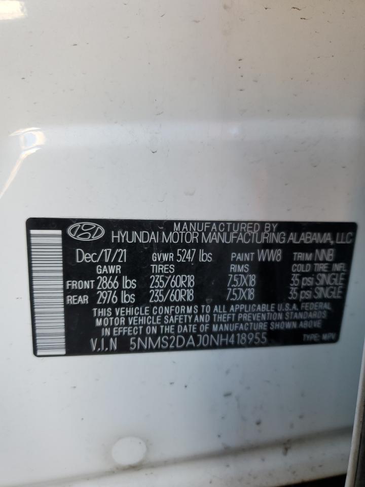 2022 HYUNDAI SANTA FE SEL VIN:5NMS2DAJ0NH418955
