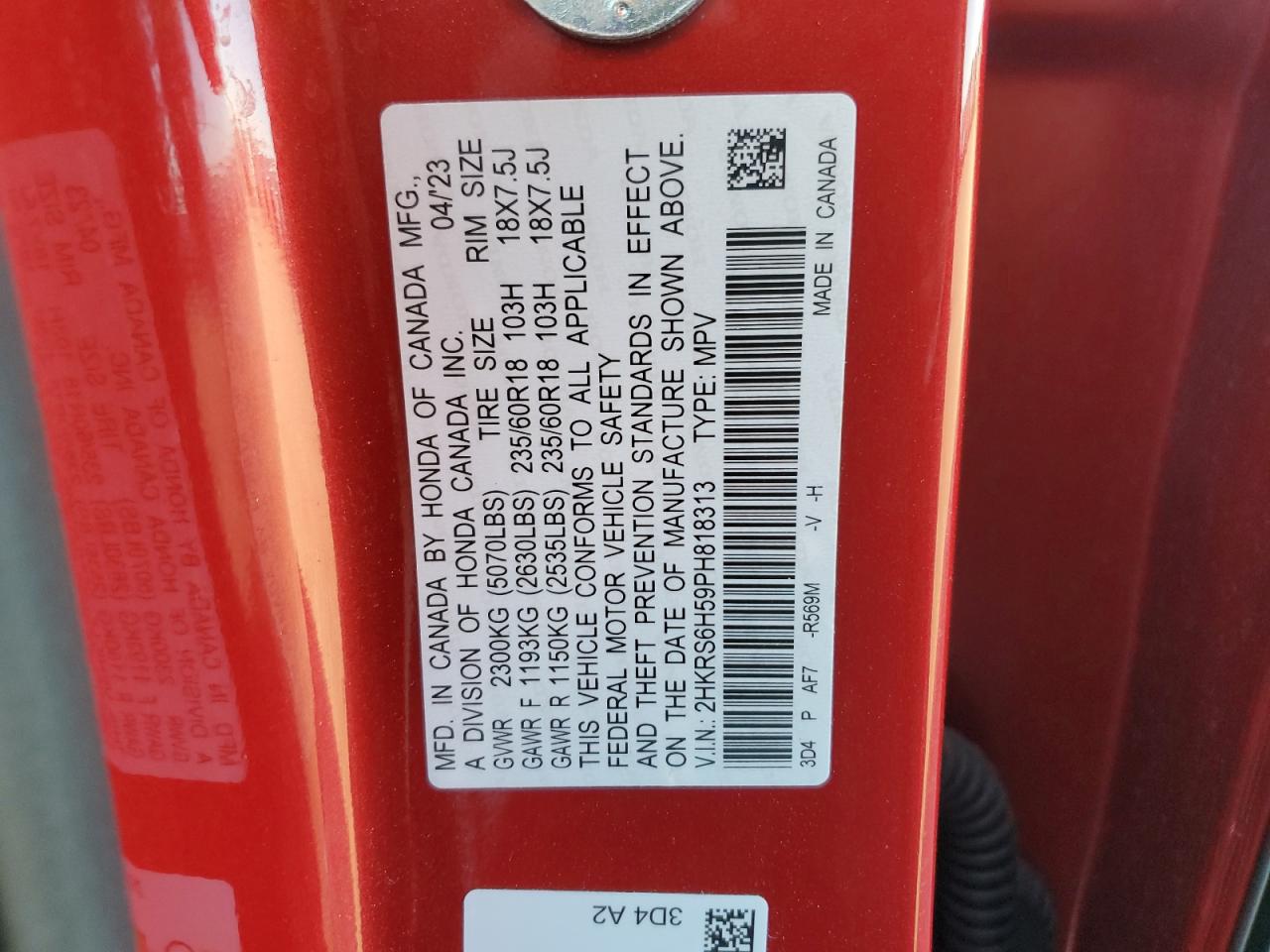2023 HONDA CR-V SPORT VIN:2HKRS6H59PH818313