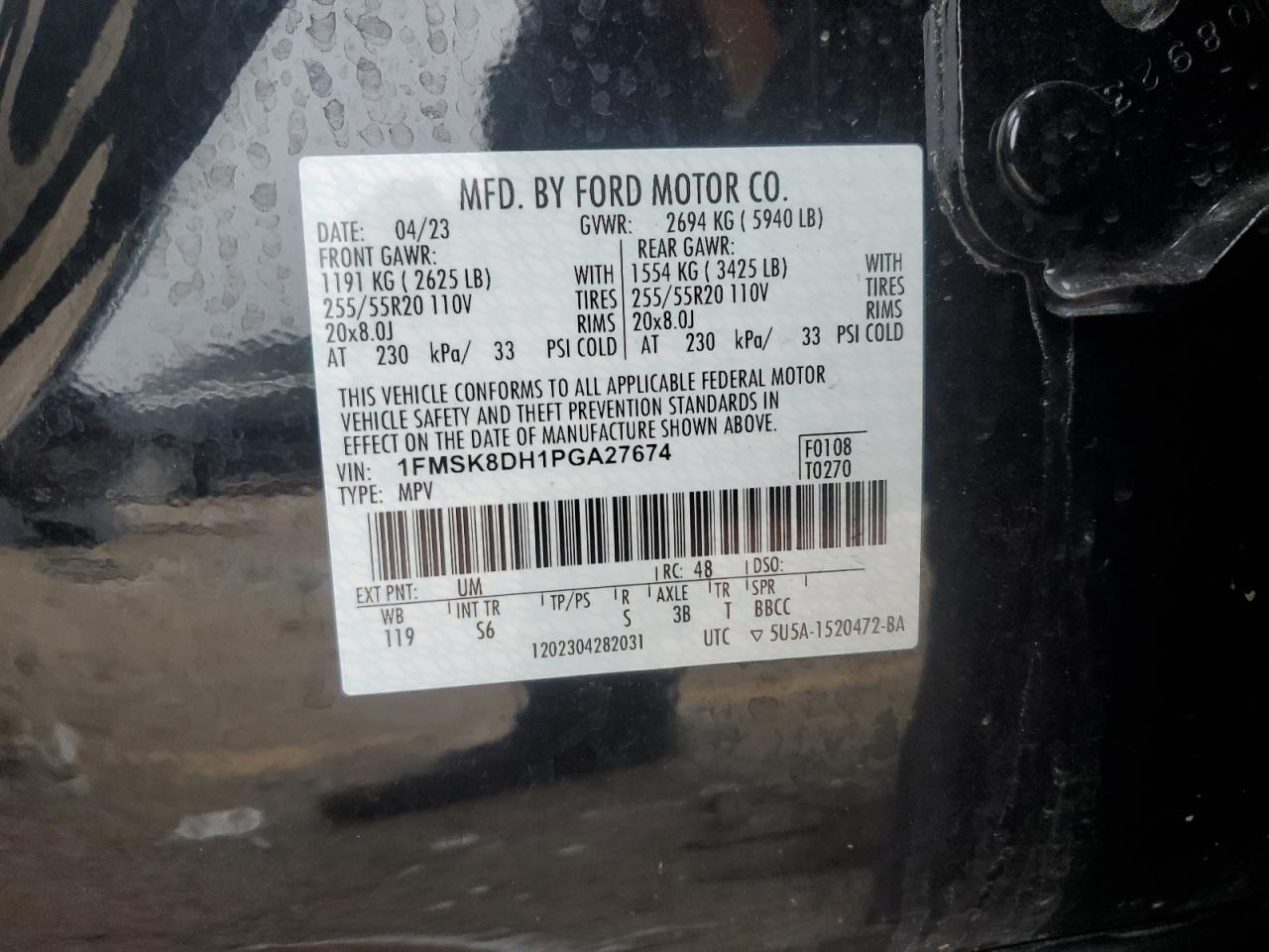 2023 FORD EXPLORER XLT VIN:1FMSK8DH1PGA27674