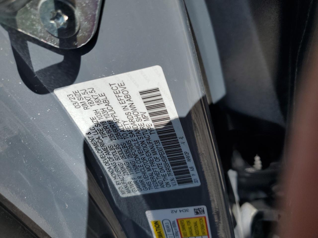 2023 HONDA CR-V SPORT VIN:7FARS5H59PE007138
