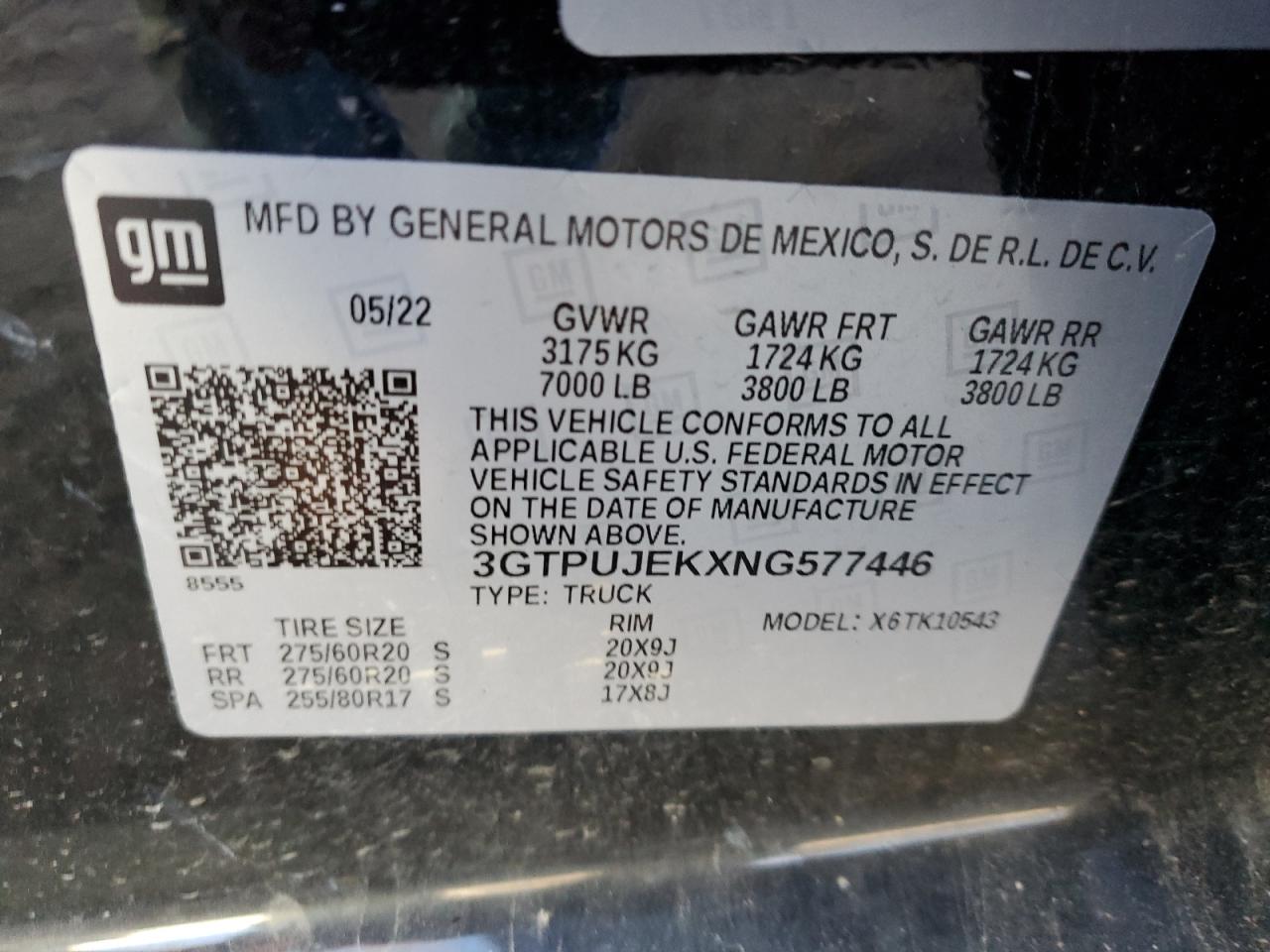2022 GMC SIERRA K1500 ELEVATION-L VIN:3GTPUJEKXNG577446