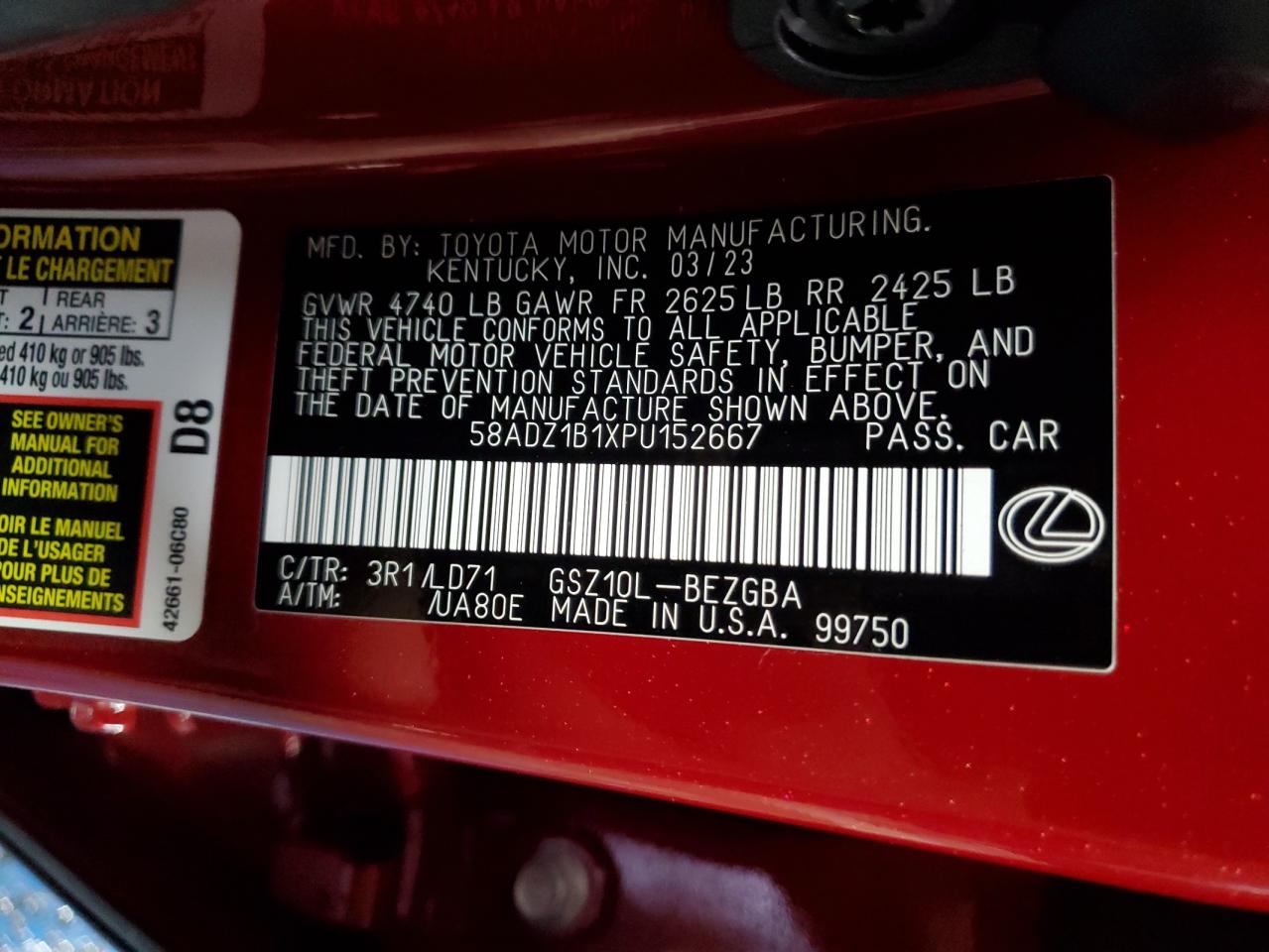 2023 LEXUS ES 350 BASE VIN:58ADZ1B1XPU152667