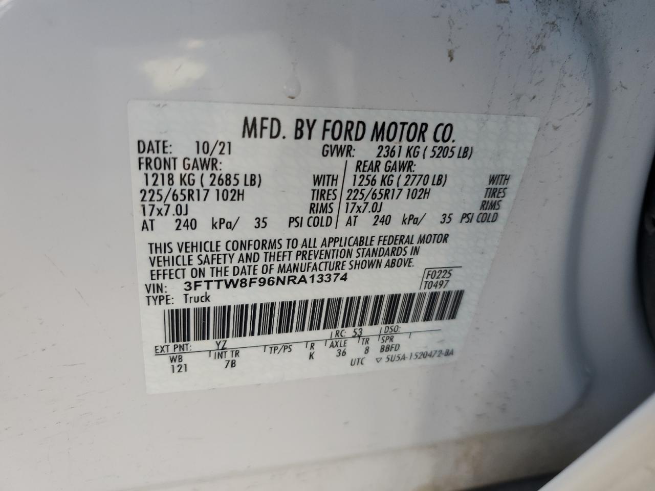 2022 FORD MAVERICK XL VIN:3FTTW8F96NRA13374