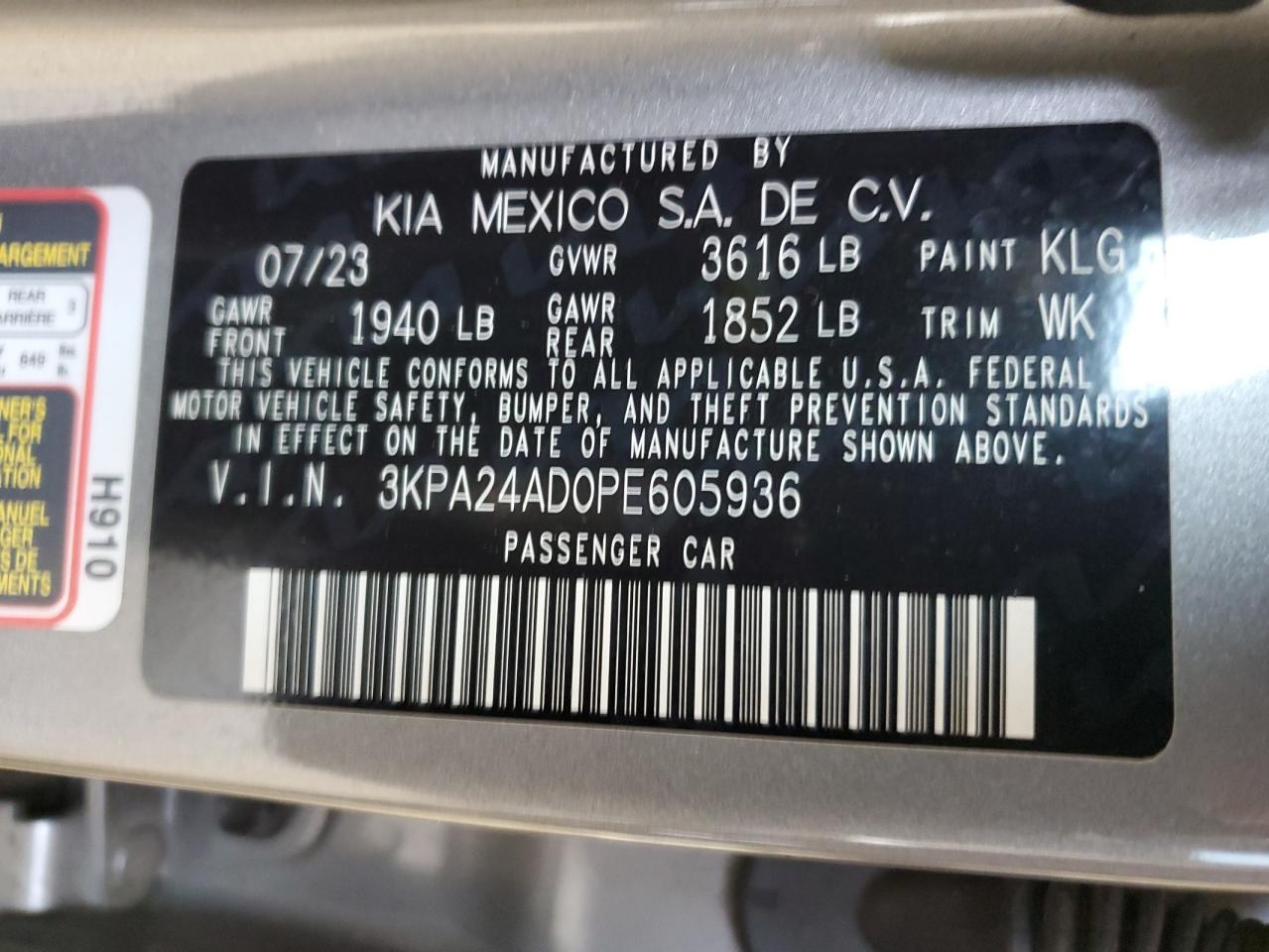 2023 KIA RIO LX VIN:3KPA24AD0PE605936