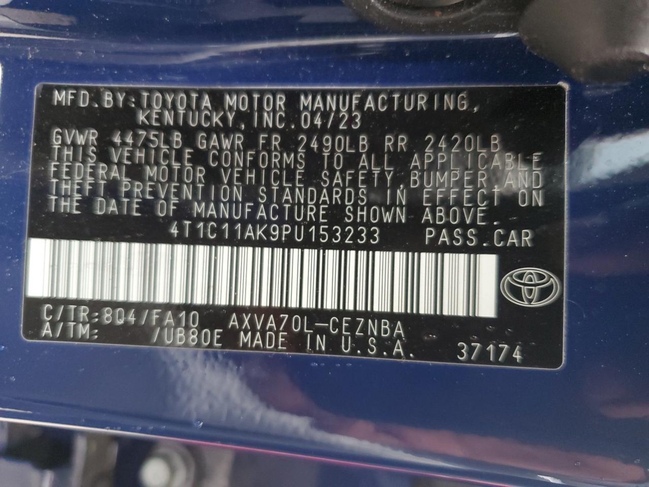 2023 TOYOTA CAMRY LE VIN:4T1C11AK9PU153233