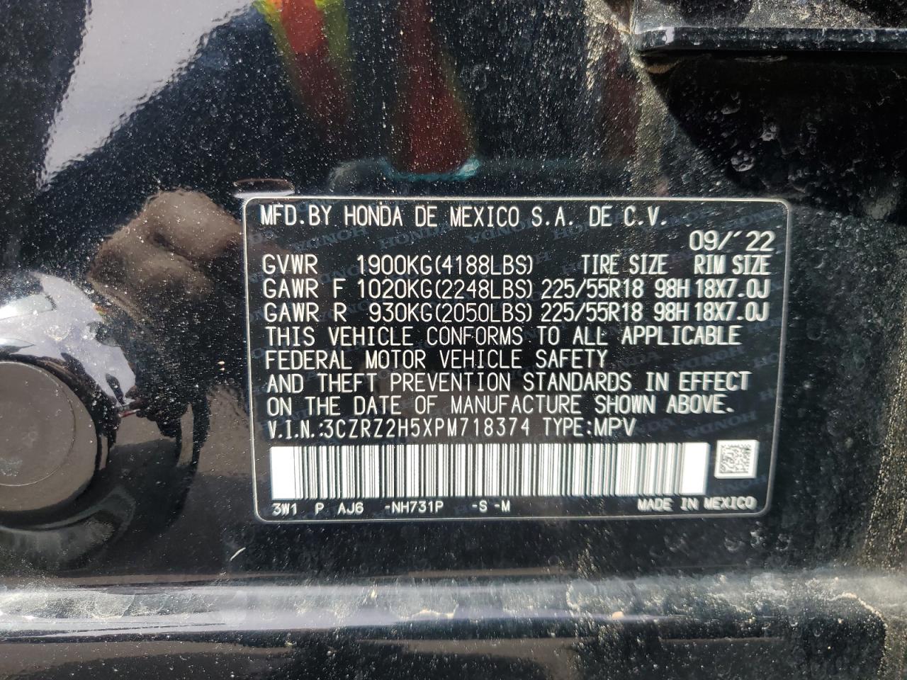 2023 HONDA HR-V SPORT VIN:3CZRZ2H5XPM718374