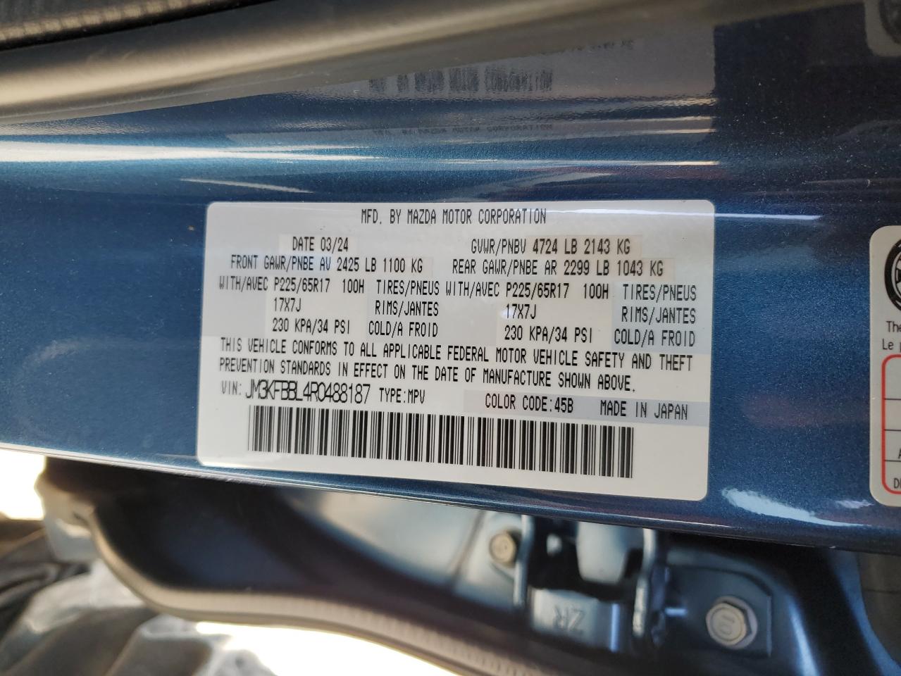 2024 MAZDA CX-5 SELECT VIN:JM3KFBBL4R0488187