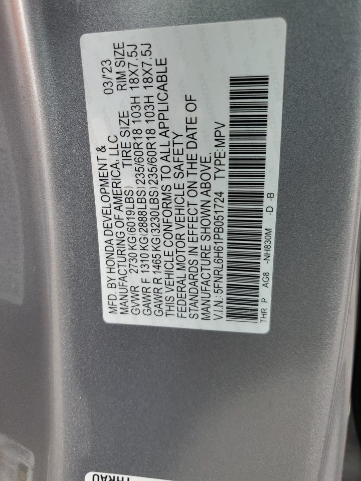 2023 HONDA ODYSSEY EXL VIN:5FNRL6H61PB051724