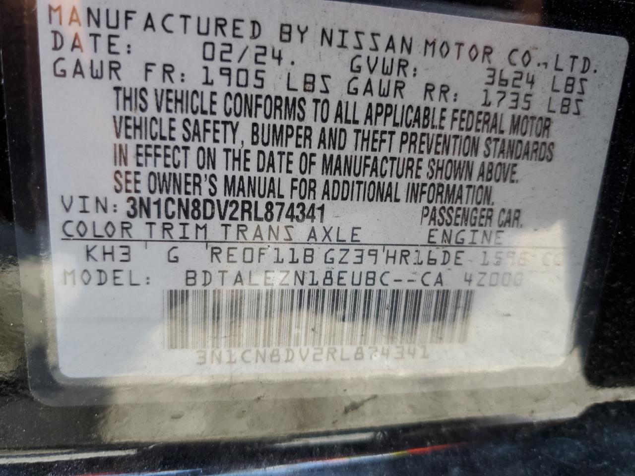 2024 NISSAN VERSA S VIN:3N1CN8DV2RL874341