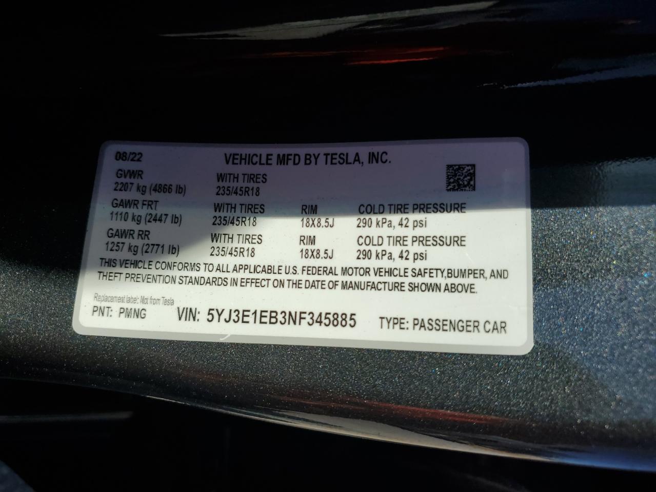 2022 TESLA MODEL 3  VIN:5YJ3E1EB3NF345885