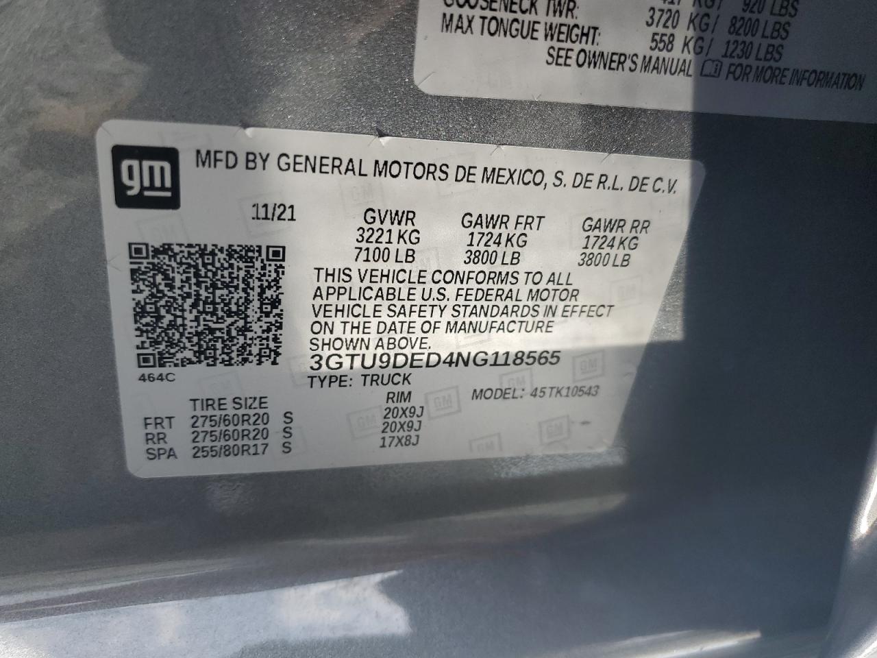 2022 GMC SIERRA LIMITED K1500 SLT VIN:3GTU9DED4NG118565