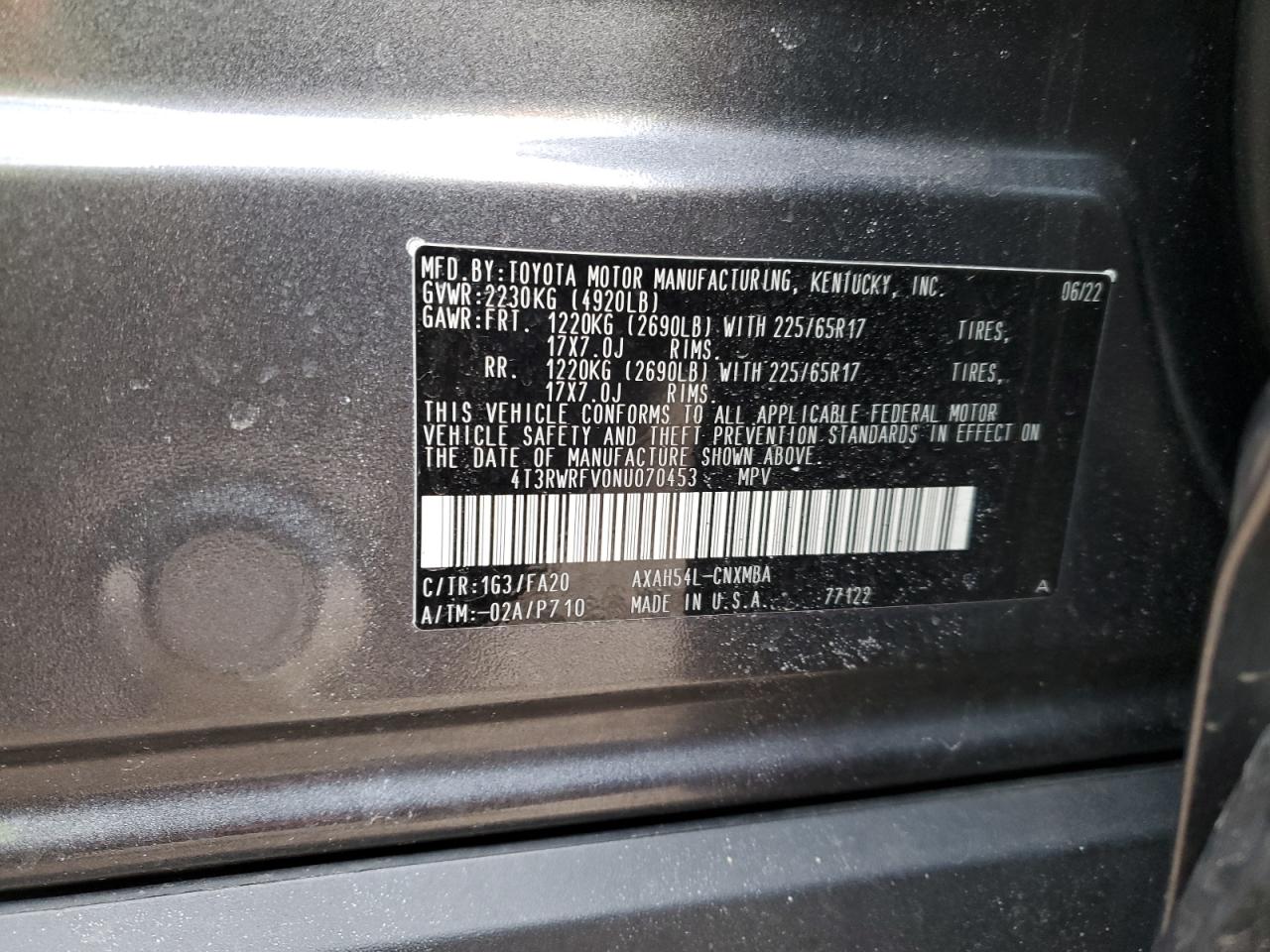 2022 TOYOTA RAV4 XLE VIN:4T3RWRFV0NU070453