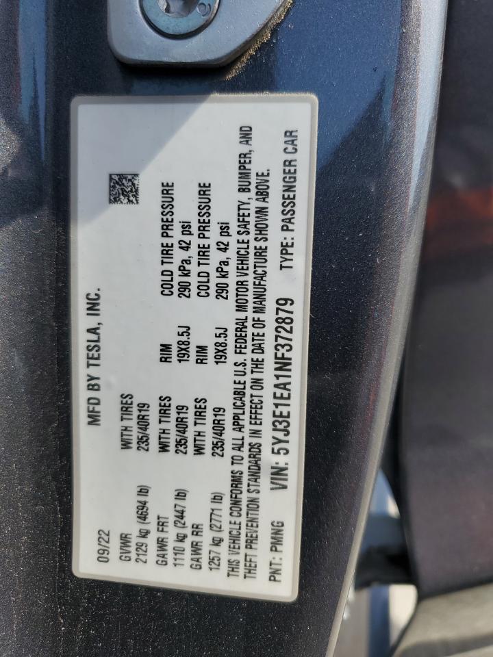 2022 TESLA MODEL 3 VIN:5YJ3E1EA1NF372879