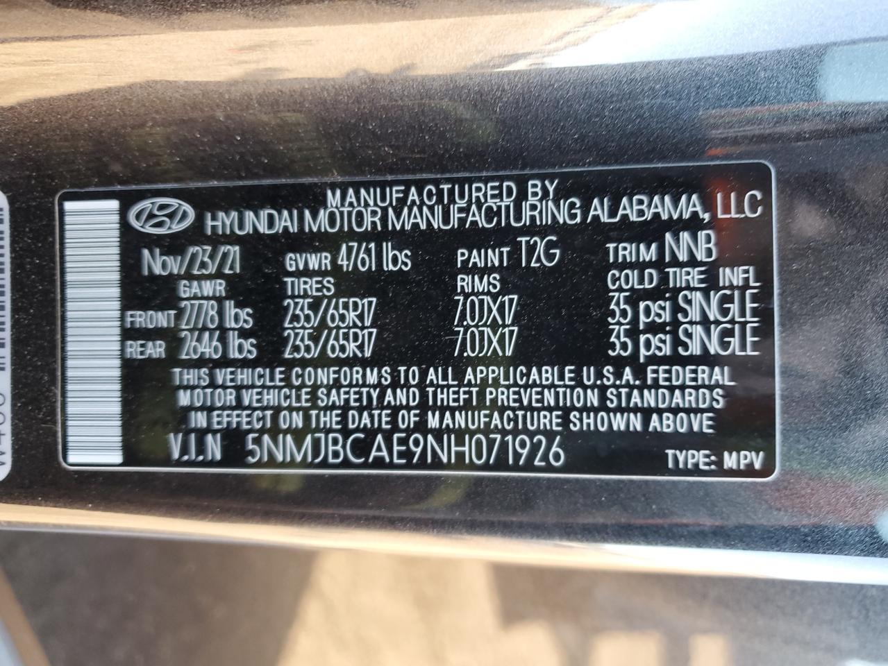 2022 HYUNDAI TUCSON SEL VIN:5NMJBCAE9NH071926