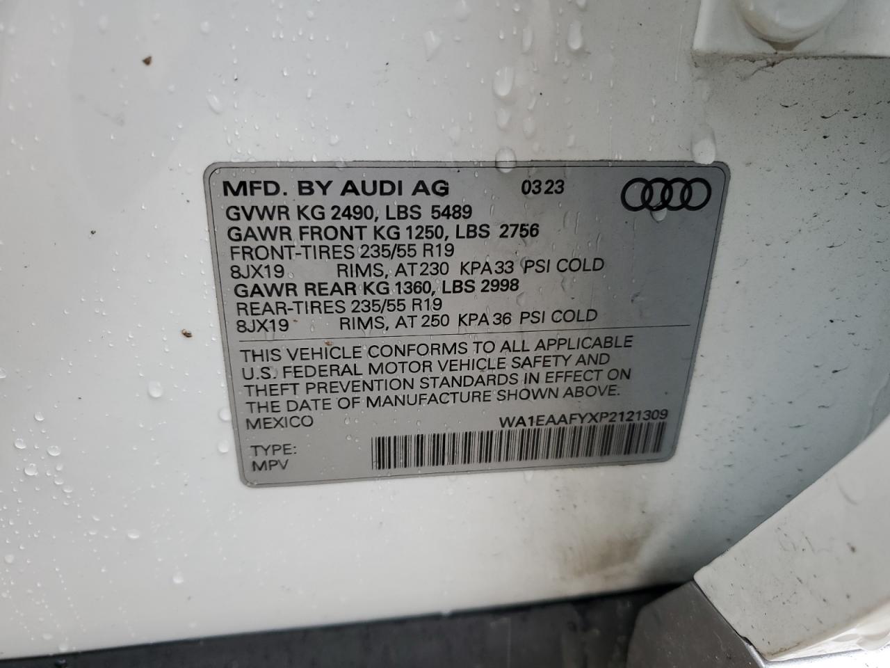 2023 AUDI Q5 PREMIUM PLUS 45 VIN:WA1EAAFYXP2121309