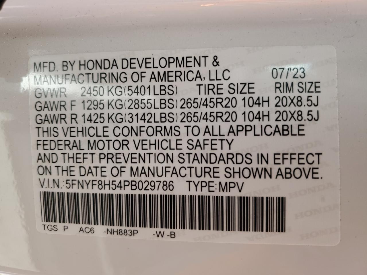 2023 HONDA PASSPORT EXL VIN:5FNYF8H54PB029786