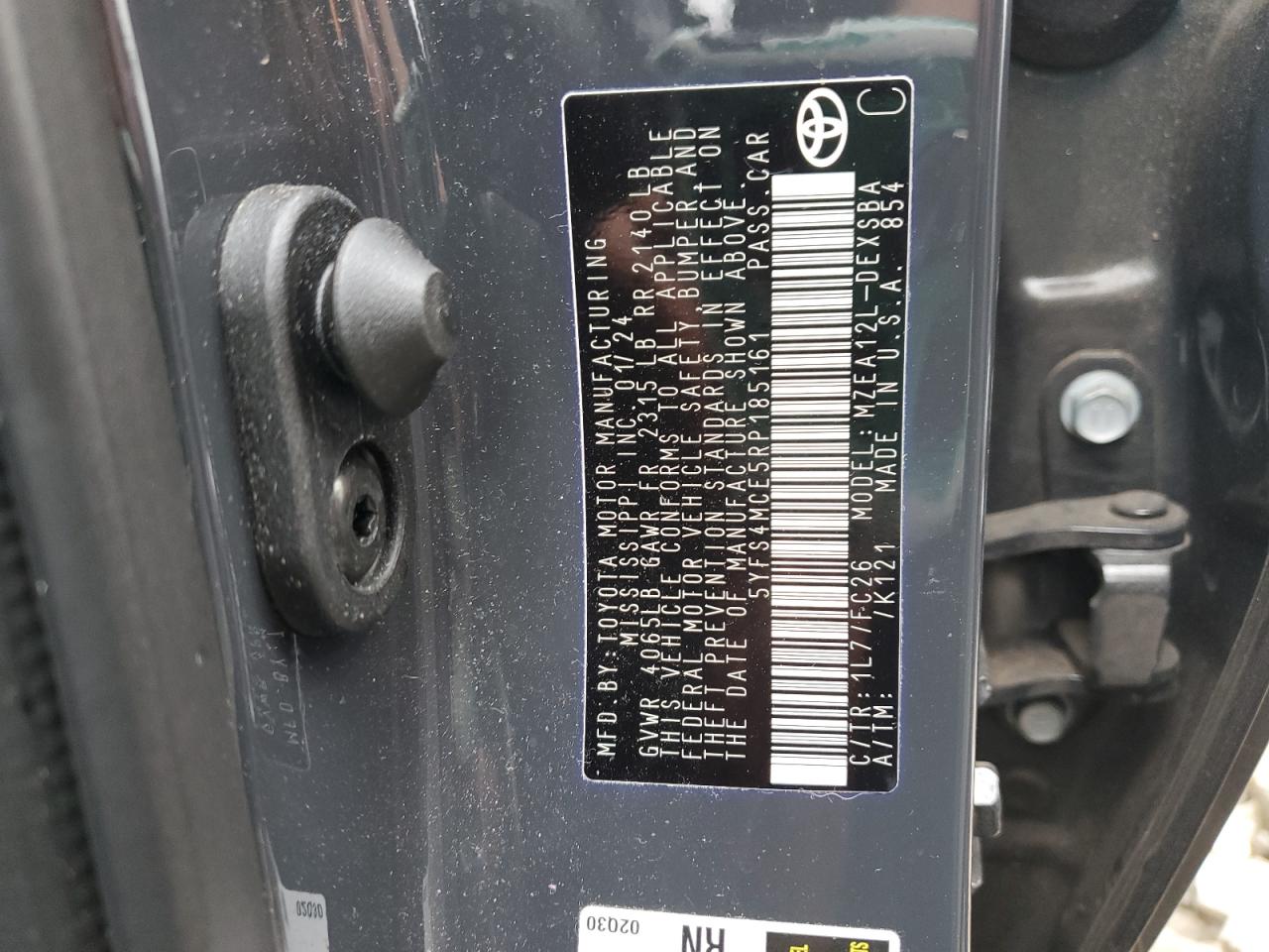 2024 TOYOTA COROLLA SE VIN:5YFS4MCE5RP185161