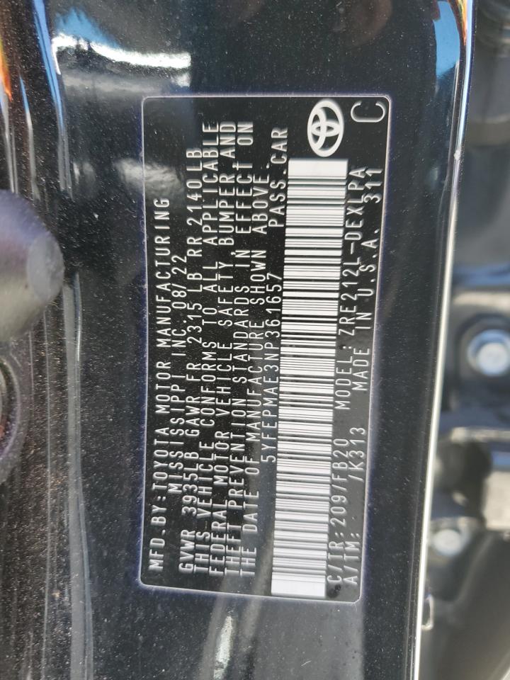 2022 TOYOTA COROLLA LE VIN:5YFEPMAE3NP361657