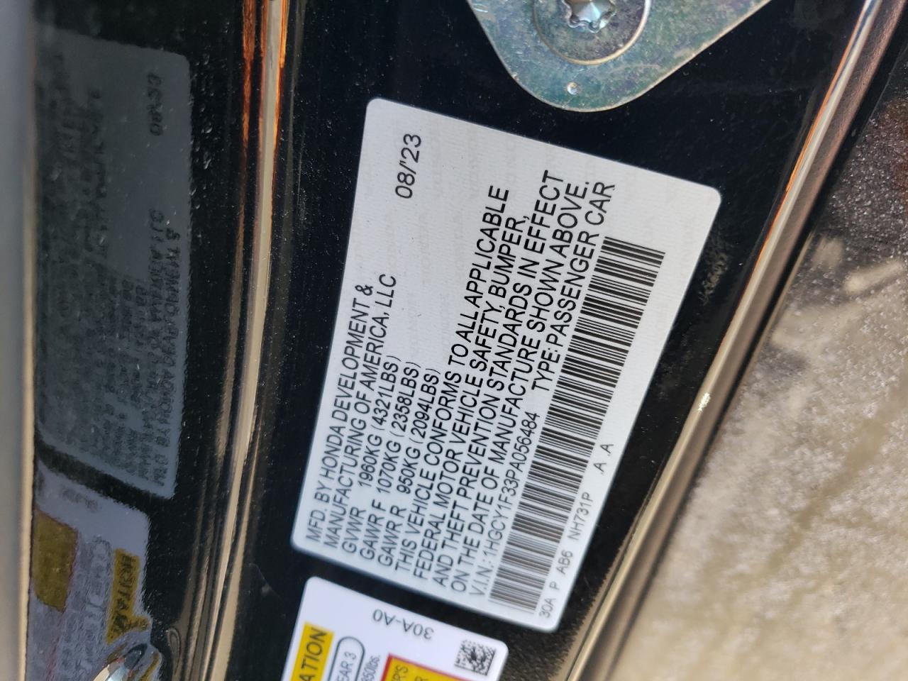 2023 HONDA ACCORD EX VIN:1HGCY1F33PA056484