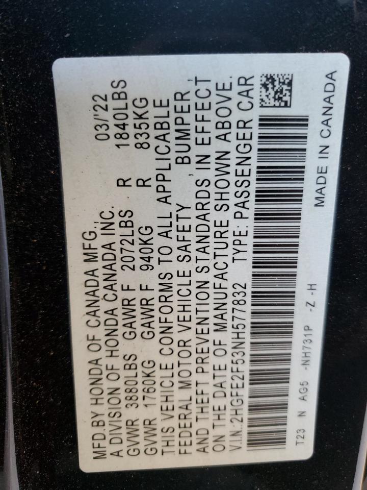 2022 HONDA CIVIC SPORT VIN:2HGFE2F53NH577832